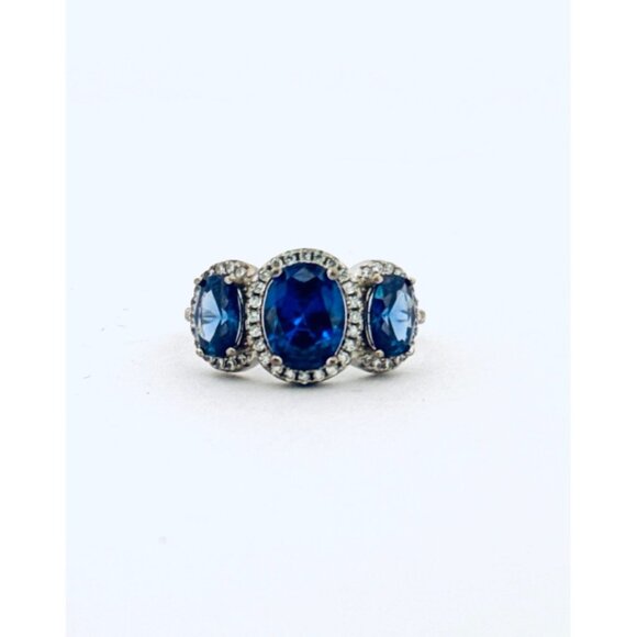 Estate Sterling Silver 925 Blue Sapphire & White Crystal Three Stone Ring Size 7 - Picture 1 of 11